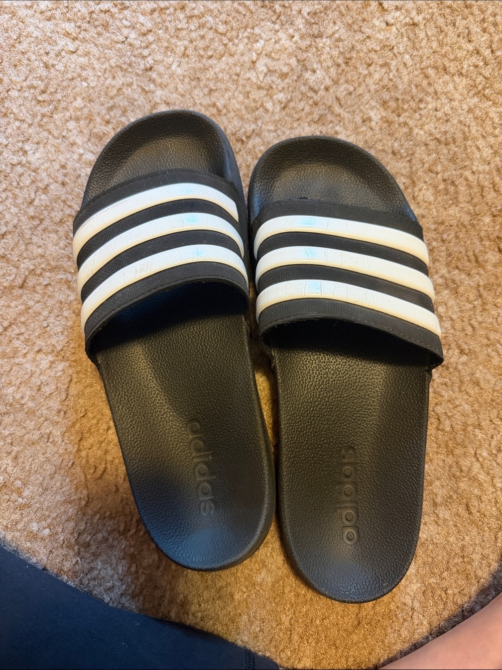 adidas Kids Black Slide Sandals with White Stripes